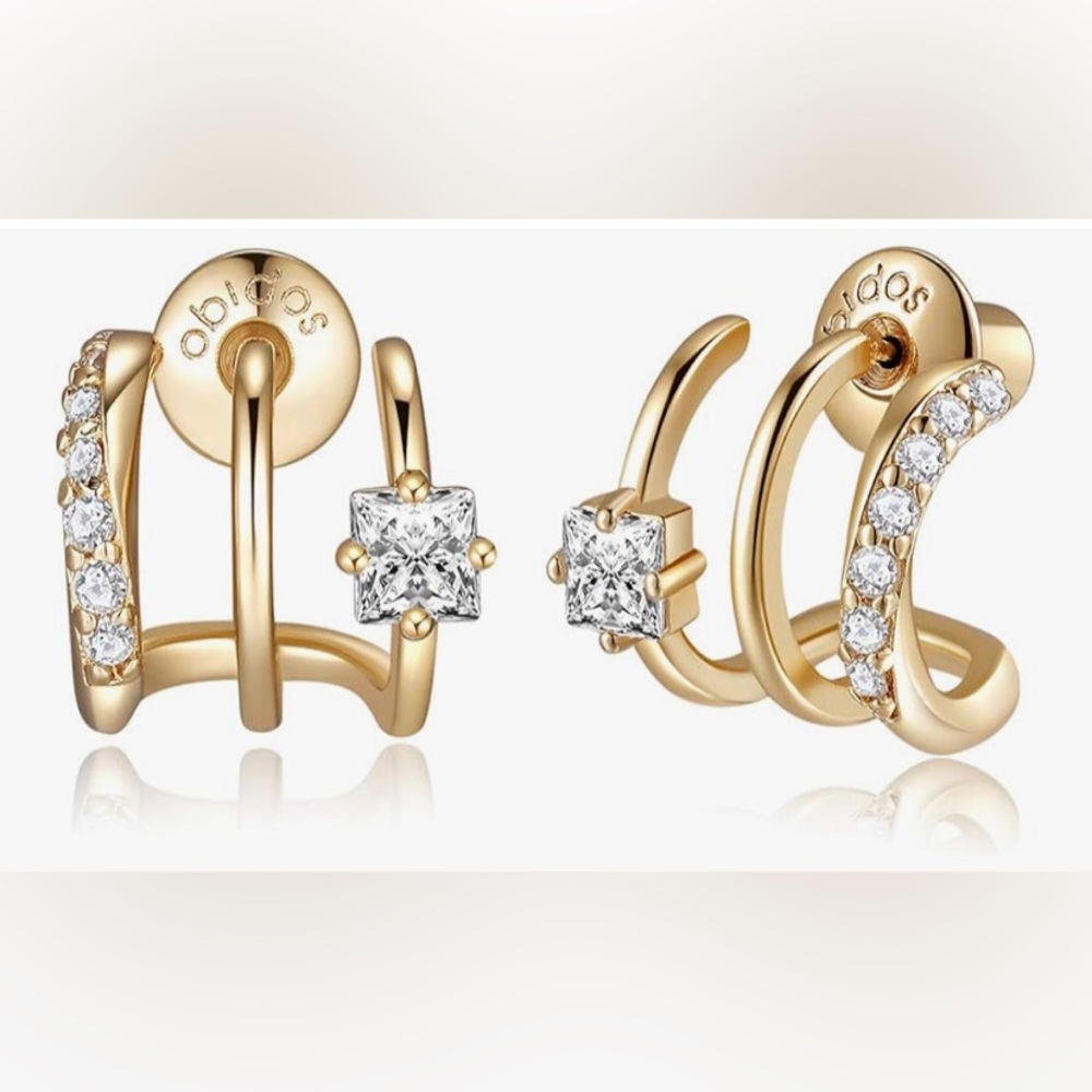 14K Gold Plated Triple Huggie Illusion Stud Earrings | Double Huggie Hoop